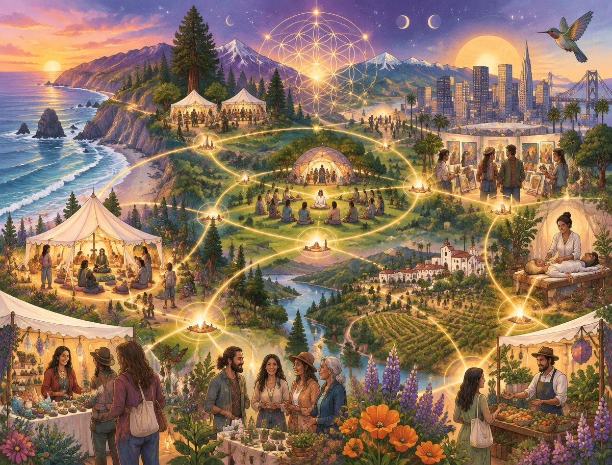 Holistic communities connected across California by glowing paths